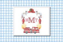 Load image into Gallery viewer, Watercolor Crest Monogram Baby Art Print / Fireman Nursery Art / Boy Art Print / Firetruck Watercolor Crest / Baby Shower / Baby Shower Gift