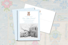 Load image into Gallery viewer, Teddy Bear Watercolor Birth Announcement Boy | Blue Gingham Personalized Card
