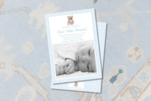 Load image into Gallery viewer, Teddy Bear Watercolor Birth Announcement Boy | Blue Gingham Personalized Card