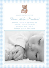 Load image into Gallery viewer, Teddy Bear Watercolor Birth Announcement Boy | Blue Gingham Personalized Card