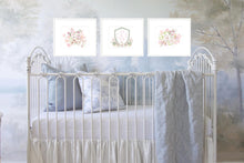 Load image into Gallery viewer, Grandmillennial Crest Nursery Art Print / Grandmillennial Floral Art / Girl Art Prints / Baby Shower Gifts / Classic Preppy Nursery Art