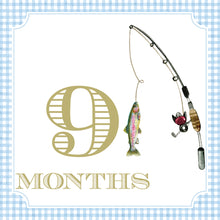 Load image into Gallery viewer, The image is a 9-month milestone photo, featuring a fishing rod with a fish attached to it, along with the text "9 MONTHS" indicating the age of the child.