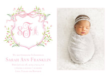 Load image into Gallery viewer, Custom Watercolor Birth Announcement Card: Preppy Baby Girl Photo Crest