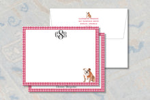 Load image into Gallery viewer, a red and white checkered border with a white envelope and a personalized note card with a bulldog illustration.