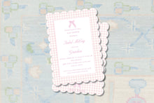 Load image into Gallery viewer, Scalloped Personalized Baby Birth Announcement / Watercolor Pink Bow Birth Announcement / Grandmillennial Baby Shower / Invitation / Preppy