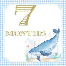 Load image into Gallery viewer, The image is a watercolor painting of a blue whale, with the number 7 and the word "MONTHS" written above it.