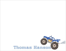 Load image into Gallery viewer, A blue monster truck with large tires and flames on the side is depicted in the image.
