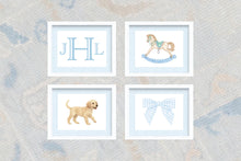 Load image into Gallery viewer, Watercolor Boy Nursery Wall Art Set | Blue Gingham Monogram, Labrador, Bow and Rocking Horse