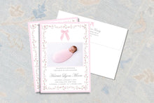 Load image into Gallery viewer, Birth Announcement Card Pink Floral Bow | Personalized Newborn Photo