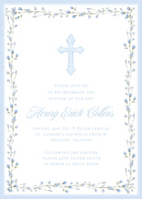 Load image into Gallery viewer, Boy Baptism Invitation | Watercolor Cross | Blue Floral Border | Baby Dedication Invite