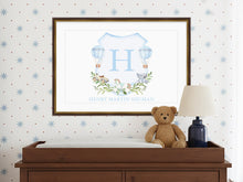 Load image into Gallery viewer, Personalized Baby Boy Nursery Crest | Watercolor Monogram Print | Preppy Nursery Wall Art