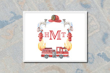 Load image into Gallery viewer, Watercolor Crest Monogram Baby Art Print / Fireman Nursery Art / Boy Art Print / Firetruck Watercolor Crest / Baby Shower / Baby Shower Gift