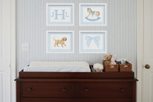 Load image into Gallery viewer, Watercolor Boy Nursery Wall Art Set | Blue Gingham Monogram, Labrador, Bow and Rocking Horse