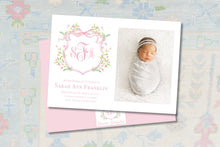 Load image into Gallery viewer, Custom Watercolor Birth Announcement Card: Preppy Baby Girl Photo Crest