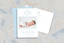 Load image into Gallery viewer, Personalized Baby Birth Announcement | Blue Photo Card with Monogram