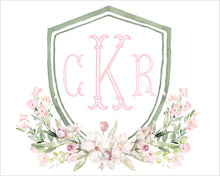 Load image into Gallery viewer, Grandmillennial Crest Nursery Art Print / Grandmillennial Floral Art / Girl Art Prints / Baby Shower Gifts / Classic Preppy Nursery Art