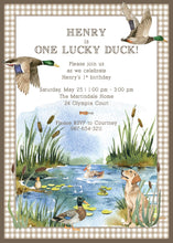 Load image into Gallery viewer, One Lucky Duck Invitation | Baby Hunting 1st Birthday Invite | Mallard Party