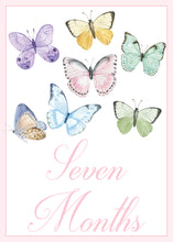 Load image into Gallery viewer, seven colorful butterflies of various sizes and colors, including purple, yellow, green, blue, and pink, arranged in a row against a pink background.