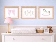 Load image into Gallery viewer, Girl Nursery Wall Art | Watercolor Nursery Prints with Pink Bow and Rocking Horse