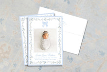 Load image into Gallery viewer, Blue Floral Bow Birth Announcement | Watercolor Baby Girl Photo Card