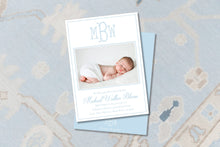 Load image into Gallery viewer, Personalized Baby Birth Announcement | Blue Photo Card with Monogram