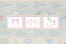 Load image into Gallery viewer, Girl Nursery Wall Art | Watercolor Nursery Prints with Pink Bow and Rocking Horse