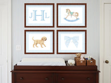 Load image into Gallery viewer, Watercolor Boy Nursery Wall Art Set | Blue Gingham Monogram, Labrador, Bow and Rocking Horse