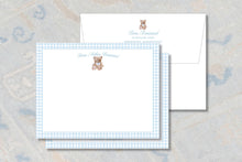 Load image into Gallery viewer, Blue Gingham Teddy Bear Stationery | Personalized Baby Boy Note Cards