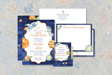 Load image into Gallery viewer, a birthday invitation for a one-year-old boy named Henry, featuring a space theme with planets, a rocket ship, and an astronaut.