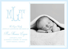 Load image into Gallery viewer, Blue Baby Birth Announcement | Monogram Photo Card | Printed or Digital