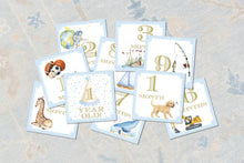 Load image into Gallery viewer, A collection of baby milestone cards, each depicting a different age and activity.