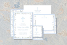 Load image into Gallery viewer, Boy Baptism Invitation | Watercolor Cross | Blue Floral Border | Baby Dedication Invite