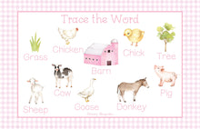 Load image into Gallery viewer, Personalized Laminated Farm Animals Placemat / Oink Baa Moo Placemat / Laminated Farm Theme Placemat / Pink Gingham Placemat for Girls