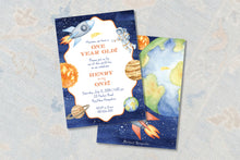 Load image into Gallery viewer, The image is a birthday invitation for a one-year-old named Henry, featuring a space theme with planets, stars, and a rocket ship.
