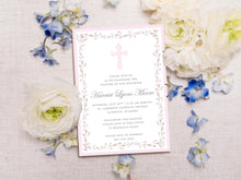 Load image into Gallery viewer, Girl Baptism Invitation | Watercolor Cross | Pink Floral Border | Baby Dedication Invite