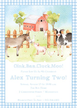Load image into Gallery viewer, Blue Oink Moo Cockadoodle Doo invite Invitation