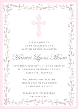 Load image into Gallery viewer, Girl Baptism Invitation | Watercolor Cross | Pink Floral Border | Baby Dedication Invite
