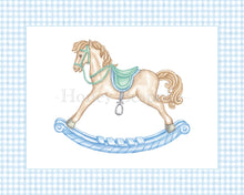 Load image into Gallery viewer, Watercolor Boy Nursery Wall Art Set | Blue Gingham Monogram, Labrador, Bow and Rocking Horse
