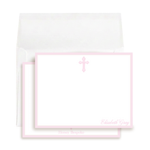 Load image into Gallery viewer, Pink Watercolor Cross Stationery | Personalized Girl Baptism Thank You Cards
