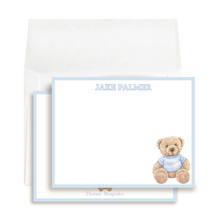 Load image into Gallery viewer, Personalized Polo Teddy Bear Stationery Set | Blue Baby Boy Note Cards
