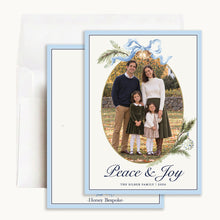 Load image into Gallery viewer, Blue Bow Peace &amp; Joy Christmas Card, front and back with envelope
