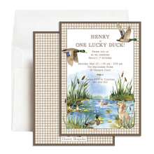 Load image into Gallery viewer, One Lucky Duck Invitation | Baby Hunting 1st Birthday Invite | Mallard Party
