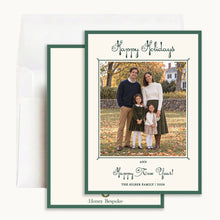 Load image into Gallery viewer, Green Script Happy Holidays Card, front and back with envelope
