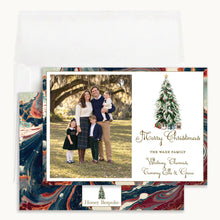 Load image into Gallery viewer, Marbled Christmas Tree Card, front and back with envelope
