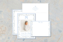 Load image into Gallery viewer, Blue Floral Bow Birth Announcement | Watercolor Baby Girl Photo Card
