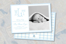 Load image into Gallery viewer, Blue Baby Birth Announcement | Monogram Photo Card | Printed or Digital
