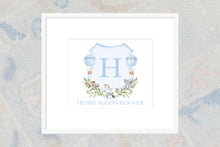Load image into Gallery viewer, Watercolor Rocking Horse and Hot Air Balloon Crest with Monogram Art Print
