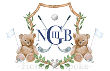 Load image into Gallery viewer, Watercolor Crest Monogram Baby Art Print / Bear and Golf Nursery Art / Boy Art Print / Boy Nursery / Baby Shower / Baby Shower Gift

