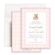 Load image into Gallery viewer, Personalized Pink Bear Baby Shower Invitation | Preppy Plaid Girl Invite | Polo Style
