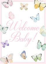 Load image into Gallery viewer, The image is a watercolor painting of various colorful butterflies surrounding a pink banner with the text "Welcome Baby!"
